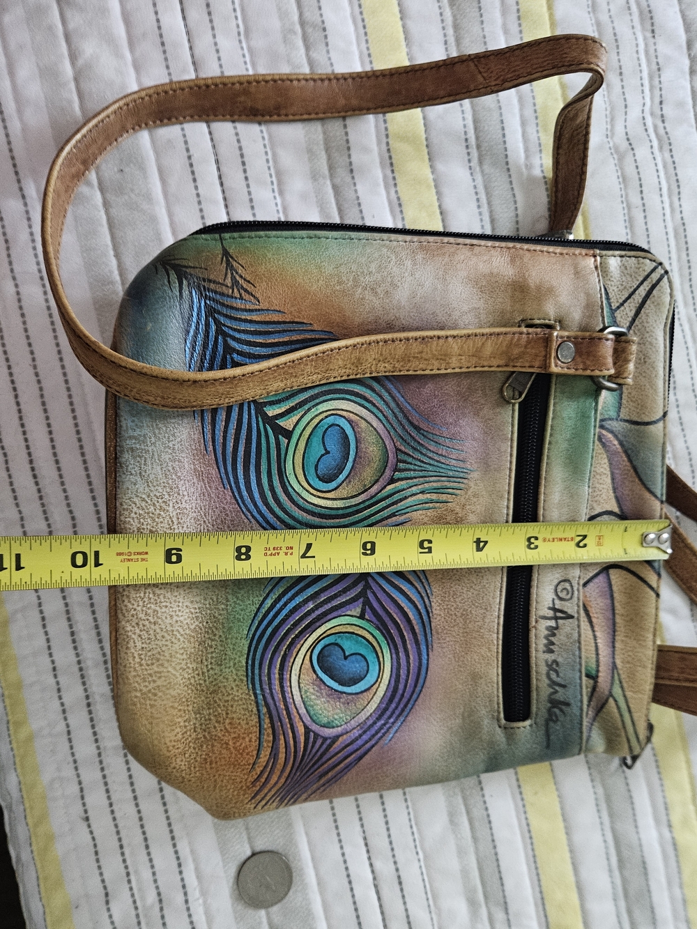 Anuschka Hand-Painted Peacock Feather Leather Crossbody in Teal, Blue, Purple - Picture 12 of 13